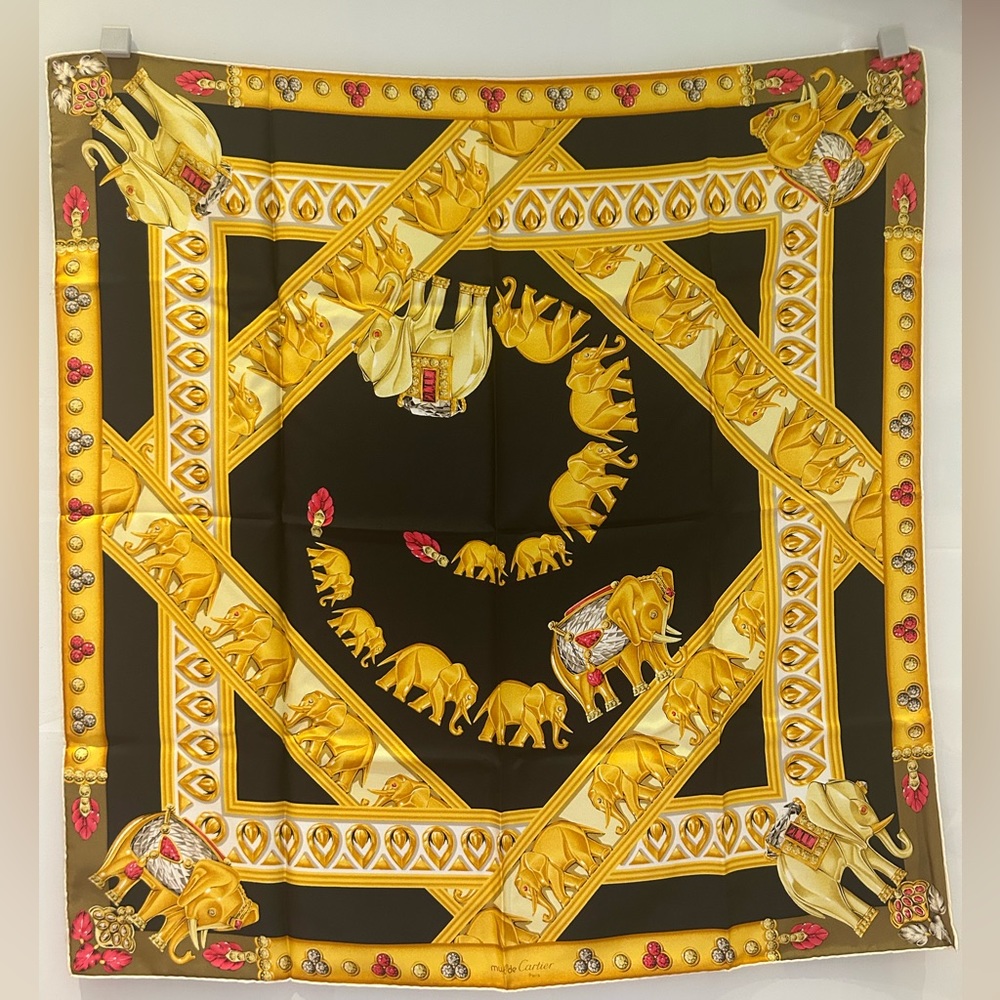 Motif Elephant Cartier Scarf Silk Vintage